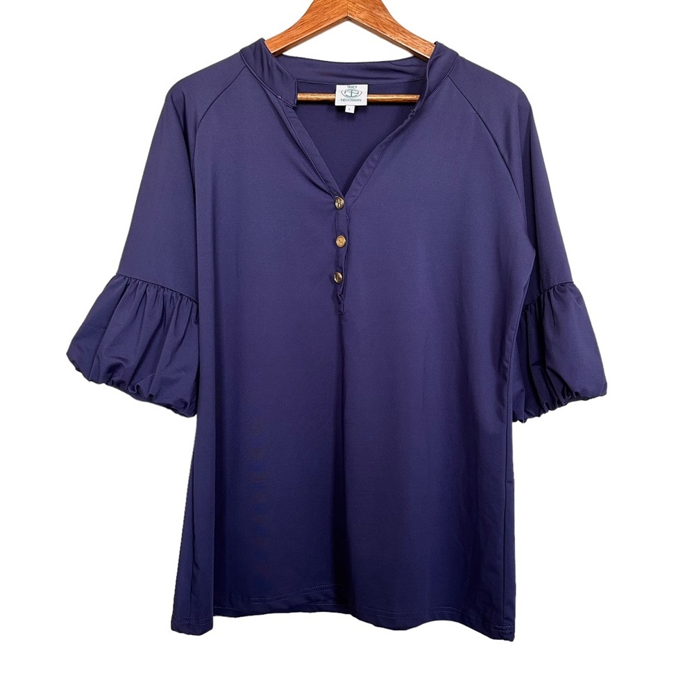 TRACY Negoshian Women’s Sz L Piper Bell Sleeve Blue Top